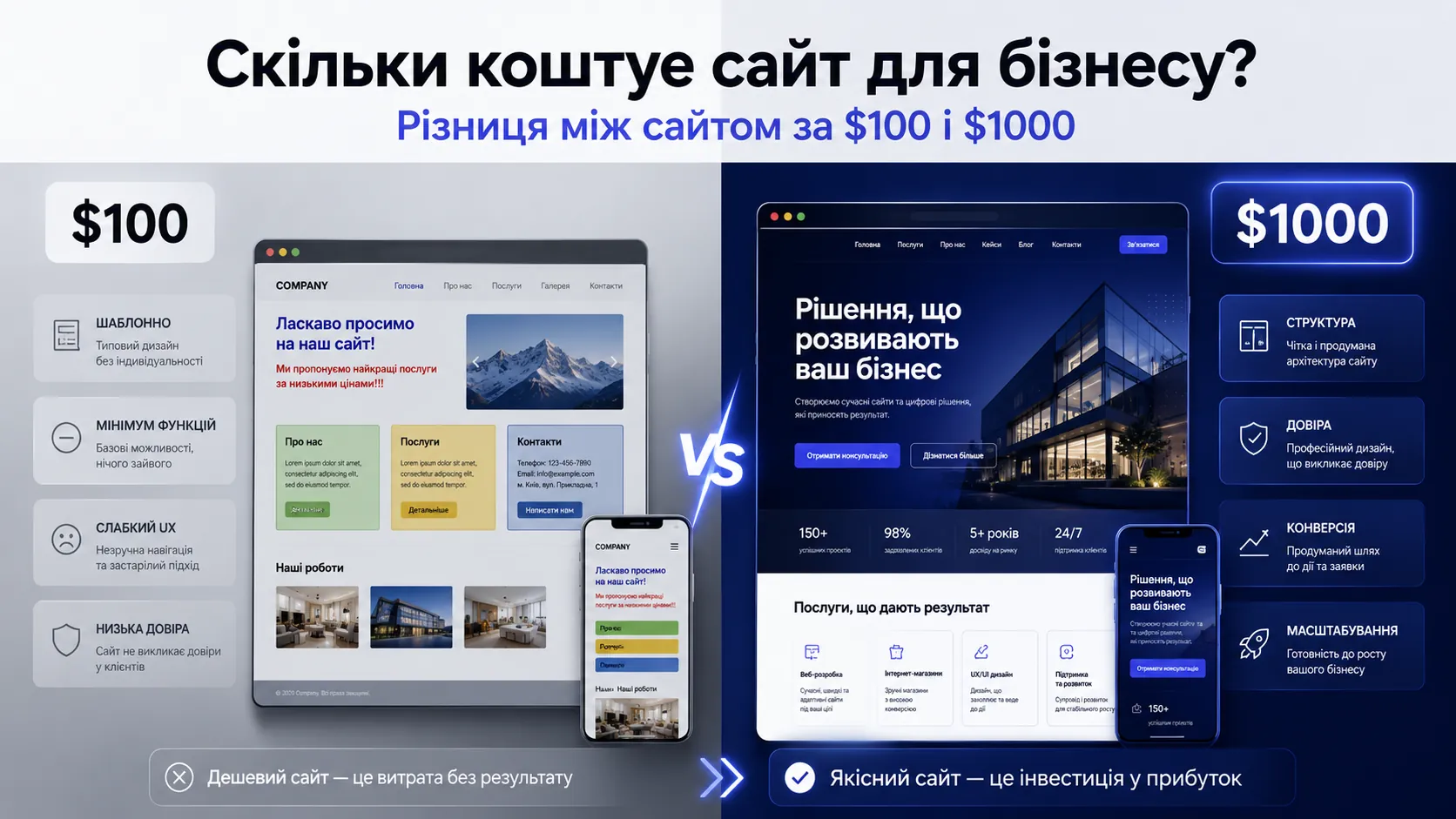 Скільки коштує сайт для бізнесу: різниця між сайтом за $100 і $1000
