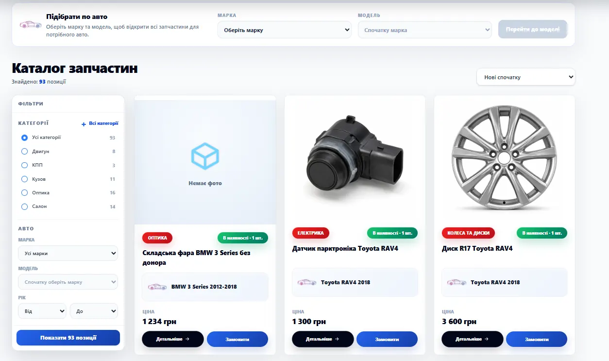 Used auto parts search and catalog in the Rozborka system