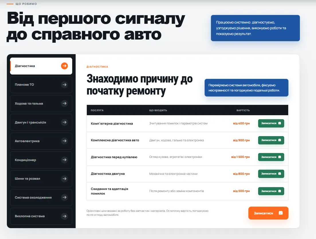 A one-page structure that guides the decision - DriveLab auto service project CreonixLab
