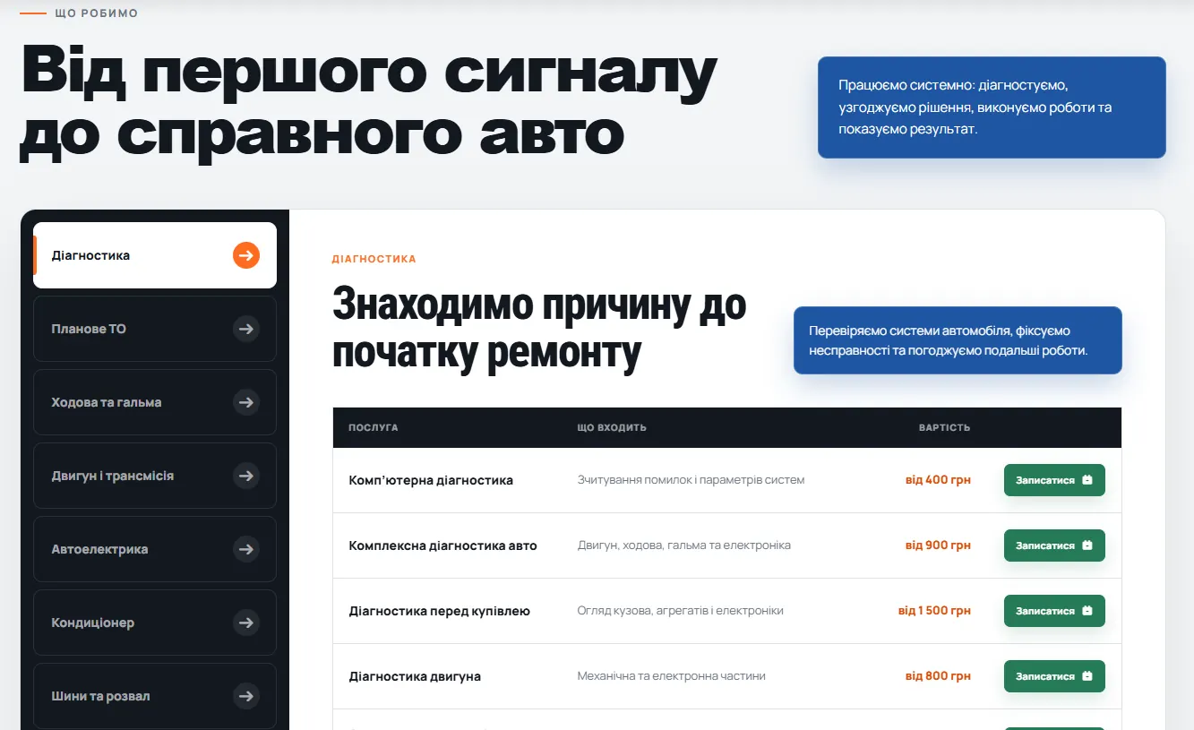 Ready-made WordPress website for an auto repair shop — screen 1